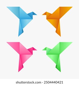 Pájaros de origami ponen Vector. Origami de pájaros en color verde, amarillo, rosa y azul.