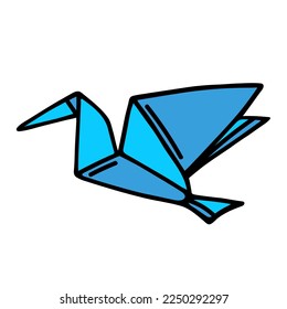 Origami blue crane vector icon. Folded paper in the shape of a bird. Hand drawn simple doodle isolated on white. Traditional Japanese needlework, hobby. Cartoon clipart with outline. For cards, prints