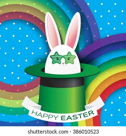 Origami Blue Greeting card with Happy Easter - with White Easter rabbit with green sunglasses. Bunny ears in magician or illusionist hat. Hiding rabbit. Spring Funny Bunny. Easter Bunny. Easter Egg 