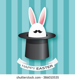 Origami Blue Greeting card with Happy Easter - with white Easter rabbit with black mustache. Bunny ears in magician or illusionist hat. Hiding rabbit. Spring Funny Bunny. Easter Bunny. Easter Egg 