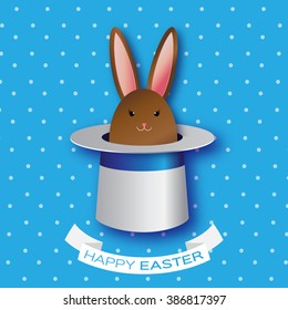 Origami Blue Greeting card with Happy Easter - with Chocolate Easter rabbit. Bunny ears in magician or illusionist hat. Hiding rabbit. Spring Funny Bunny. Easter Bunny. Easter Egg 
