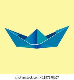 origami blue paper boat on yellow background
