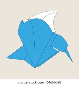 Origami blue vector bird on light brown background