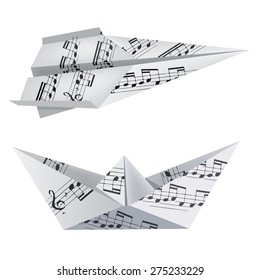 Origami boat and airplane with musical notes.Paper boat and airplane with musical notes on the white background. Theme to use for music notebook and hymnals. Vector illustration.
