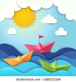 Origami boat. Cut paper ocean waves shadows vector ship stylized illustration