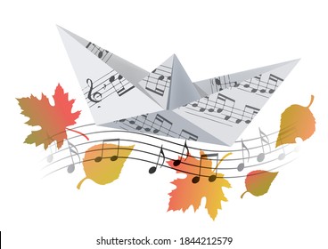 
Origami boat with musical notes and autumn leaves. 
Illustration of paper model of boat with music notes symbolizing autumn song. Vector available.