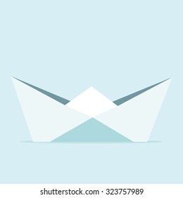 Origami boat on blue background. Vector illustration. Minimalism style