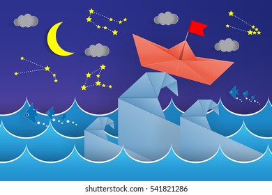 Origami boat on the waves paper cut in sea at night background