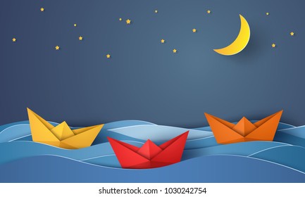 Origami boat sailing in blue ocean at night , paper art style