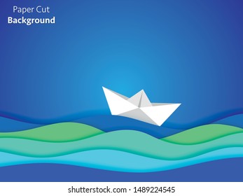 origami boat sailing in blue ocean , paper art style
