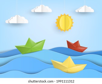 Origami boat sailing in blue ocean , paper art style. Vector illustration. Eps 10.