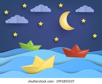Origami boat sailing in blue ocean , paper art style. Vector illustration. Eps 10.