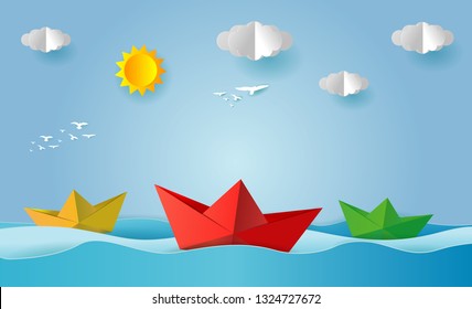 origami boat sailing in the ocean, paper art and digital craft style, leadership concept, flat Vector illustration.