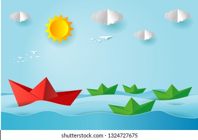 origami boat sailing in the ocean, paper art and digital craft style, leadership concept, flat Vector illustration.