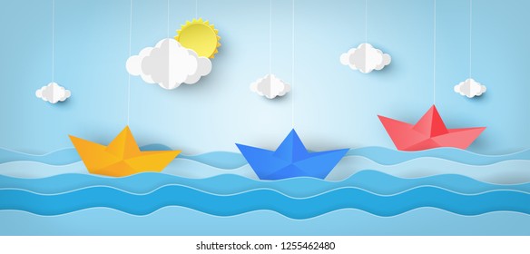 Origami boat sailing in the sea with environment concept,paper art style.