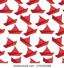 Origami boat seamless pattern, Asian art of paper folding and creating shapes and figures. Handmade objects, minimalist forms with geometric structure, small page sheet ship vector in flat style