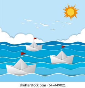 Origami boats sailing in the sea illustration
