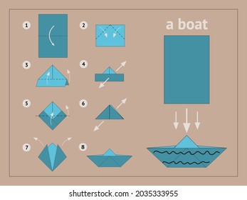 Origami boat.Vector illustration of instruction how to make an origami boat. Step by step. Kids games. Craft for kids.