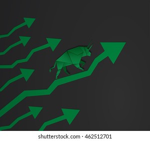 Origami Bull paper art and green arrow paper art for stock market vector and illustration