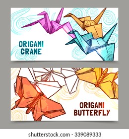Origami butterflies and cranes paper folded symbols of  hope 2 horizontal banners set abstract isolated vector illustration