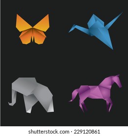 Origami butterfly, crane, elephant and horse illustrations of orange, blue, grey and purple.