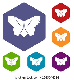 Origami butterfly icons vector colorful hexahedron set collection isolated on white
