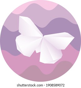 Origami butterfly is located on a pastel background. The background consists of multi-colored waves. Soft gradients are used for the butterfly.