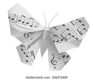Origami butterfly with musical notes. Origami paper butterfly with musical notes on the white background. Theme to use for music notebook and hymnals. Vector illustration. 