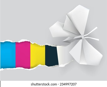 Origami butterfly with print colors. Vector illustration of Origami butterfly ripping paper with print colors. Concept for presenting color printing press. 