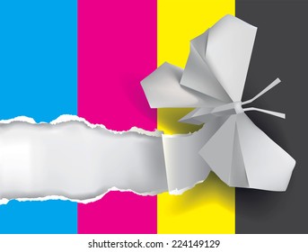 Origami butterfly ripping paper with print colors Vector illustration of Origami butterfly ripping paper with print colors. Concept for presenting color printing press. 