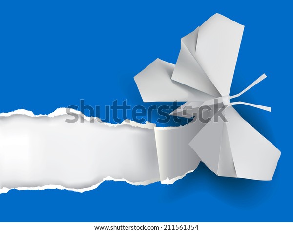 Origami\
butterfly ripping white paper. Vector illustration of Origami\
butterfly ripping blue paper with place for your image or\
text.Theme symbolizing revelation, uncovered.\
