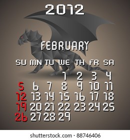 Origami Calendar 2012 with dragon- February.Vector EPS10