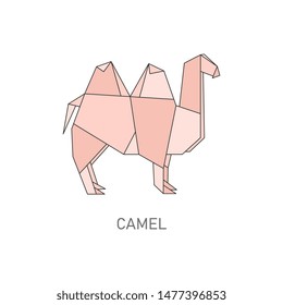 Origami camel isolated on white background, Geometric design of Japanese folded paper art, desert animal silohuette shape from Africa in cartoon line art style, flat vector illustration