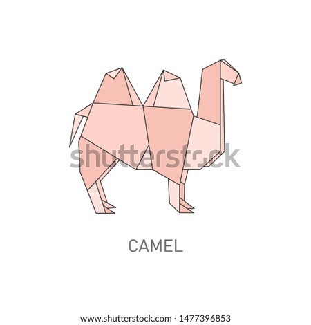 Origami camel isolated on white background, Geometric design of Japanese folded paper art, desert animal silohuette shape from Africa in cartoon line art style, flat vector illustration
