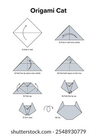 Origami cat, paper folding, printable instruction sheet with explanatory text. Easy to fold origami of the silhouette of a cat face, suitable for children. Traditional Japanese art of paper folding.