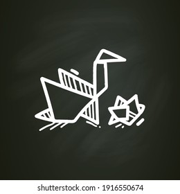 Origami chalk icon. Handmade paper Japanese bird. Aesthetic art of paper folding. Homemade concept. Isolated vector illustration on chalkboard