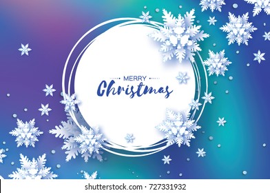 Origami Christmas Greetings card. Paper cut snow flake. Happy New Year. Winter snowflakes background. Circle frame. Space for text. mesh blue background. Vector