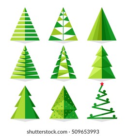 Origami Christmas tree. Evergreen holiday plant different shape and form set illustration. Vector icon isolated on white background. Funny fir xmas tree design for greeting card and invitation poster
