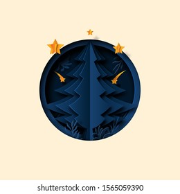 Origami christmas tree and gold stars greeting card template paper art style.Vector illustration.