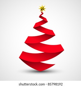 Origami Christmas tree made from paper | ribbon. Vector illustration.