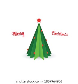 Origami christmas tree, paper art, text on white background. Merry Christmas concept