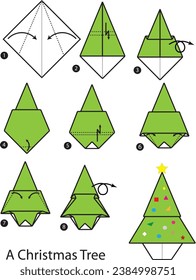 Origami Christmas Tree. Step by step Instruction. Vector.