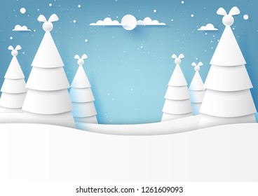 Origami christmas trees and blue sky on winter season landscape background for merry christmas and happy new year paper art style.Vector illustration.