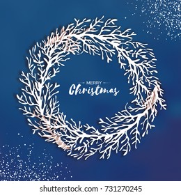 Origami Christmas Wreath. Paper cut tree branch . Happy New Year. Winter snowflakes background. Circle carving frame. Space for text. Blue background. Vector