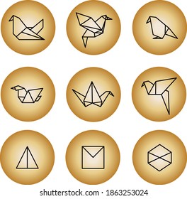 Origami in circles highlight cover icon, natural warm colors, gold. Vector illustration for web design, social media