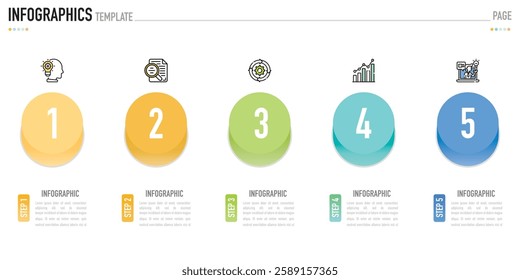 Origami circular infographic template or element with 5 step, process, option, colorful circle, paper cut origami, icons, gradient color, column, funnel for sale slide, minimal modern simple style