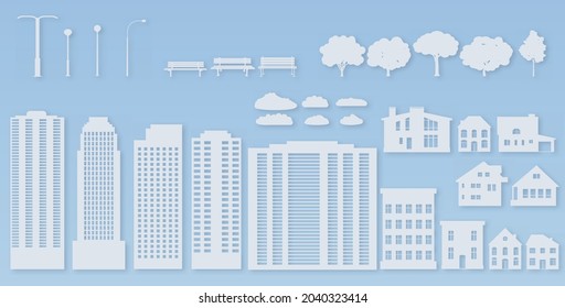 Origami city houses with windows. Cardboard skyscrapers with lanterns, trees and benches. Paper buildings. White paper cut vector design exterior town skyline park roof business office panoramic set.