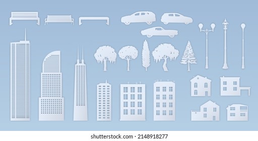 Casas de originami con ventanas. Rascacielos de cartón con linternas, árboles y bancos. Edificios de papel. Diseño vectorial de papel blanco diseño exterior de la ciudad de skyline park techo de la oficina de negocios conjunto panorámico.