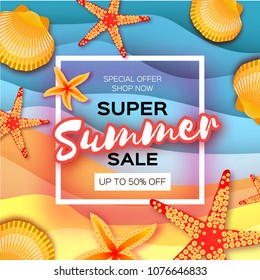 Origami clam mollusc shells. Summer Sale. Exotic Paper cut art. Square frame. Text. Special offer. Poster Flyer.