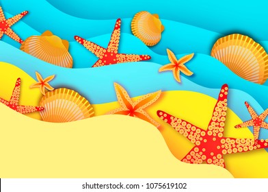 Origami clam mollusc shells. Summertime. Beautiful seascape in paper cut style.